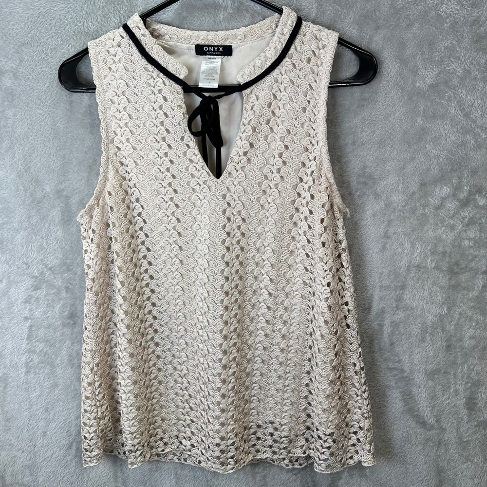 Onyx Apparel Beige S Lace Sleeveless V-Neck Tie Blouse Coquette Victorian